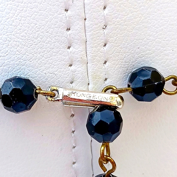 3 STRAND NECKLACE Vintage resin plastic Hong Kong black silvertone 17" - Picture 7 of 7